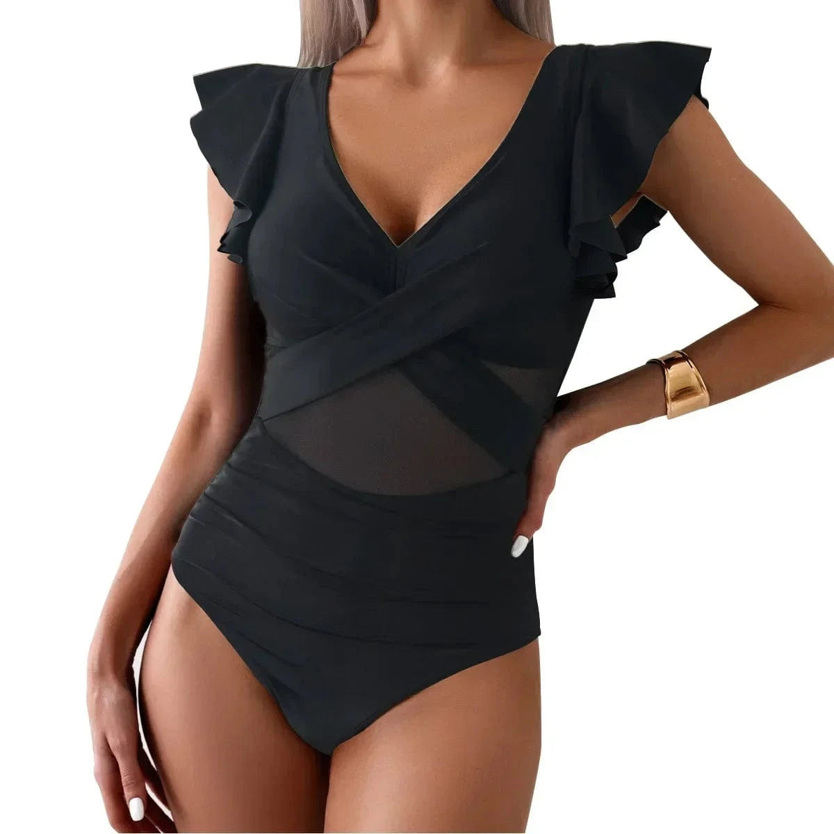 Women's Swimsuit 2024 Trend Tummy Control V Neck Sexy Bikini Ruched Bathing Suits Slim Fit Ruffle Sleeve Swimwear - A-1 Thread Vault