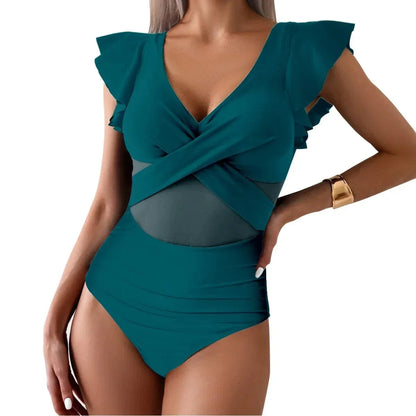 Women's Swimsuit 2024 Trend Tummy Control V Neck Sexy Bikini Ruched Bathing Suits Slim Fit Ruffle Sleeve Swimwear - A-1 Thread Vault