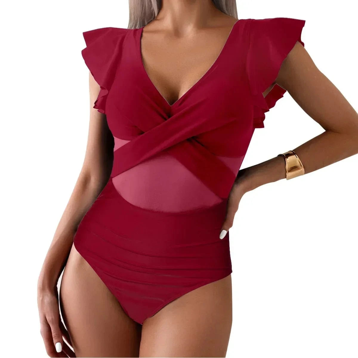 Women's Swimsuit 2024 Trend Tummy Control V Neck Sexy Bikini Ruched Bathing Suits Slim Fit Ruffle Sleeve Swimwear - A-1 Thread Vault