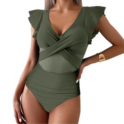 Women's Swimsuit 2024 Trend Tummy Control V Neck Sexy Bikini Ruched Bathing Suits Slim Fit Ruffle Sleeve Swimwear - A-1 Thread Vault