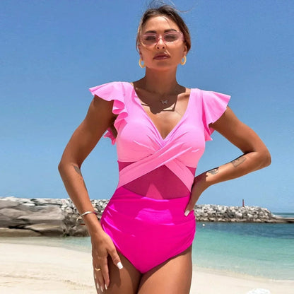 Women's Swimsuit 2024 Trend Tummy Control V Neck Sexy Bikini Ruched Bathing Suits Slim Fit Ruffle Sleeve Swimwear - A-1 Thread Vault