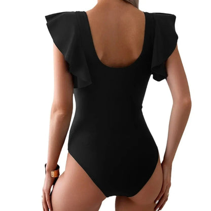 Women's Swimsuit 2024 Trend Tummy Control V Neck Sexy Bikini Ruched Bathing Suits Slim Fit Ruffle Sleeve Swimwear - A-1 Thread Vault