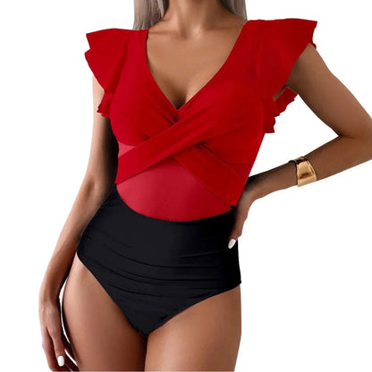 Women's Swimsuit 2024 Trend Tummy Control V Neck Sexy Bikini Ruched Bathing Suits Slim Fit Ruffle Sleeve Swimwear - A-1 Thread Vault