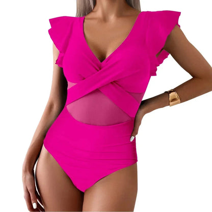 Women's Swimsuit 2024 Trend Tummy Control V Neck Sexy Bikini Ruched Bathing Suits Slim Fit Ruffle Sleeve Swimwear - A-1 Thread Vault