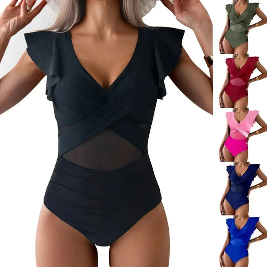 Women's Swimsuit 2024 Trend Tummy Control V Neck Sexy Bikini Ruched Bathing Suits Slim Fit Ruffle Sleeve Swimwear - A-1 Thread Vault