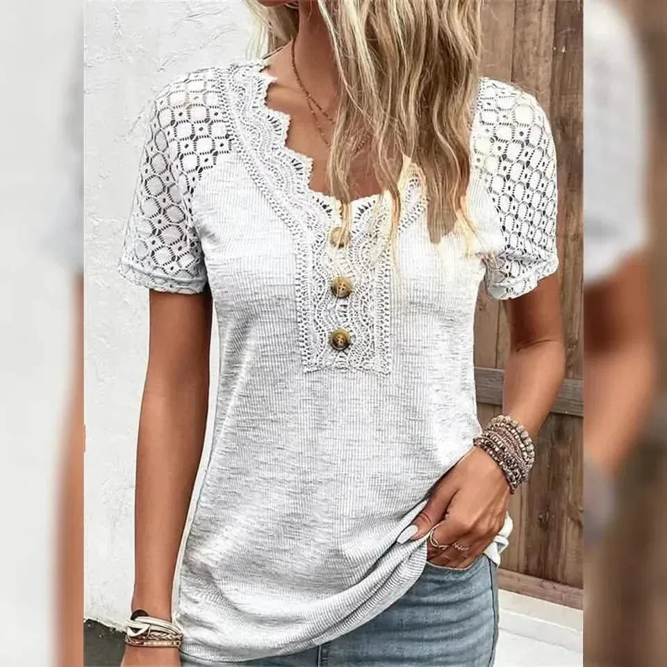 Women's T-Shirt Plain Lace Button Short Sleeve - A-1 Thread Vault