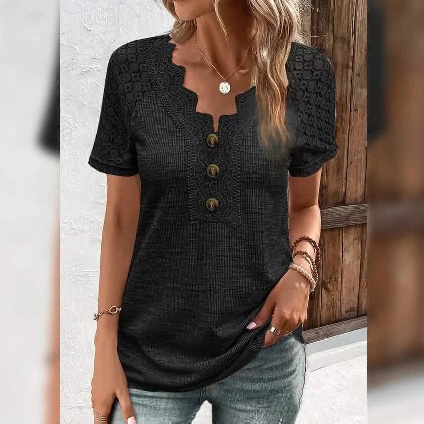 Women's T-Shirt Plain Lace Button Short Sleeve - A-1 Thread Vault