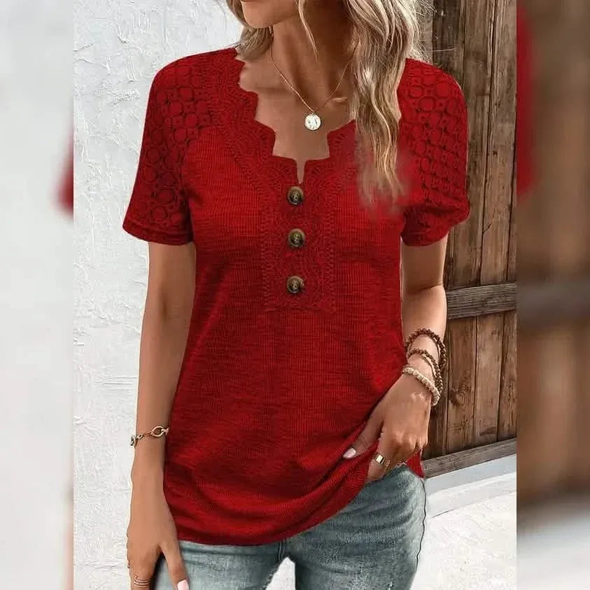 Women's T-Shirt Plain Lace Button Short Sleeve - A-1 Thread Vault