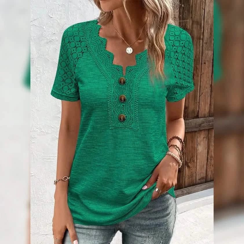 Women's T-Shirt Plain Lace Button Short Sleeve - A-1 Thread Vault