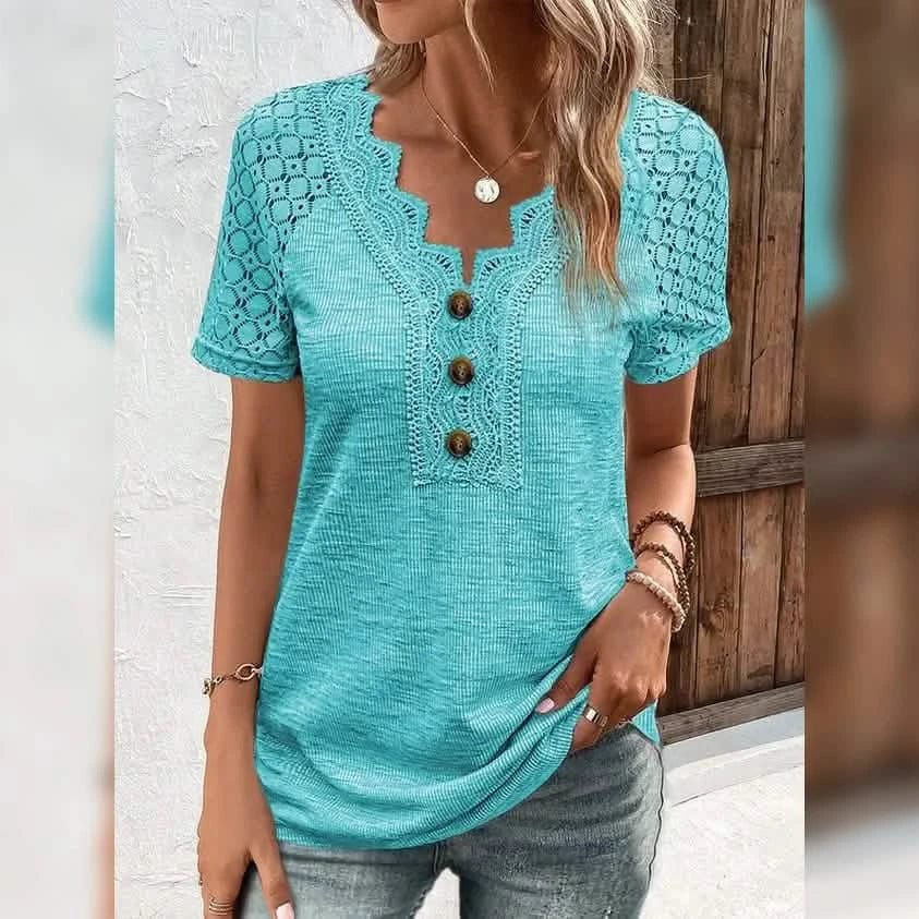 Women's T-Shirt Plain Lace Button Short Sleeve - A-1 Thread Vault