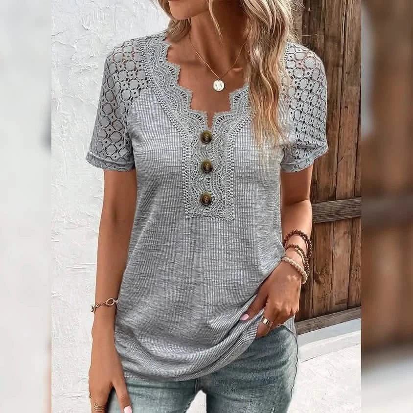 Women's T-Shirt Plain Lace Button Short Sleeve - A-1 Thread Vault