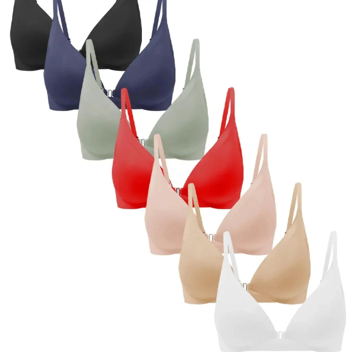 Women's Wireless Front Closure Push-Up Bras - 7 Pack Colored Seamless T-Shirt Lingerie with Removable Padding - A-1 Thread Vault