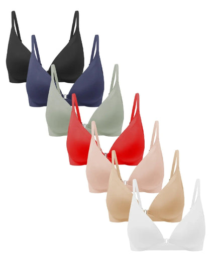 Women's Wireless Front Closure Push-Up Bras - 7 Pack Colored Seamless T-Shirt Lingerie with Removable Padding - A-1 Thread Vault
