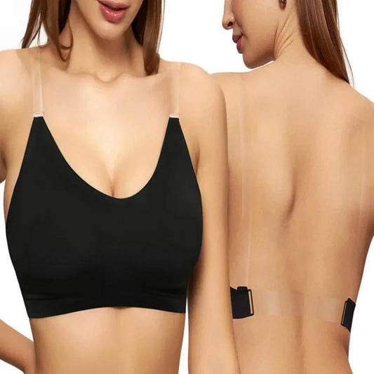 A black wireless bralette with transparent straps shown from both a front view and a back view on a person.