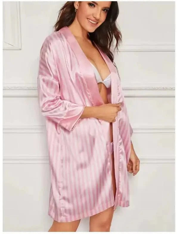 Women Satin Kimono Bathrobe Gown Summer V-Neck Nightgown Stripe Robe With Belt Bridal Wedding Sleepwear Loose Intimate Lingerie - A-1 Thread Vault