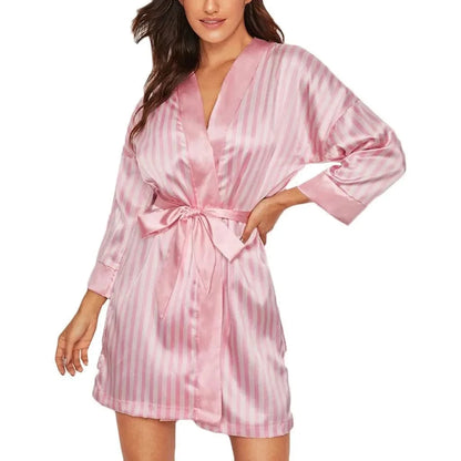 Women Satin Kimono Bathrobe Gown Summer V-Neck Nightgown Stripe Robe With Belt Bridal Wedding Sleepwear Loose Intimate Lingerie - A-1 Thread Vault