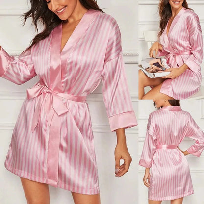 Women Satin Kimono Bathrobe Gown Summer V-Neck Nightgown Stripe Robe With Belt Bridal Wedding Sleepwear Loose Intimate Lingerie - A-1 Thread Vault