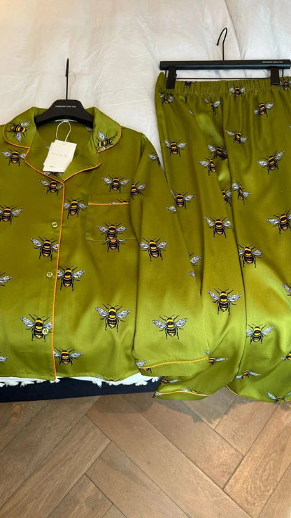 Women Satin Silk Pajamas Set Green Bees Print Pyjama Ice Silk Long Sleeve Lapel Two Piece Set Homewear Spring Autumn Fashion New - A-1 Thread Vault