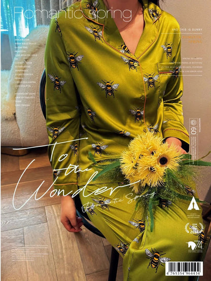 Women Satin Silk Pajamas Set Green Bees Print Pyjama Ice Silk Long Sleeve Lapel Two Piece Set Homewear Spring Autumn Fashion New - A-1 Thread Vault
