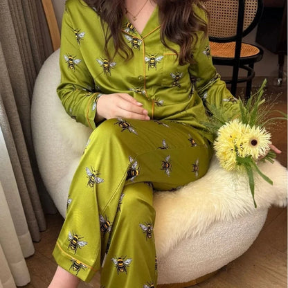 Women Satin Silk Pajamas Set Green Bees Print Pyjama Ice Silk Long Sleeve Lapel Two Piece Set Homewear Spring Autumn Fashion New - A-1 Thread Vault