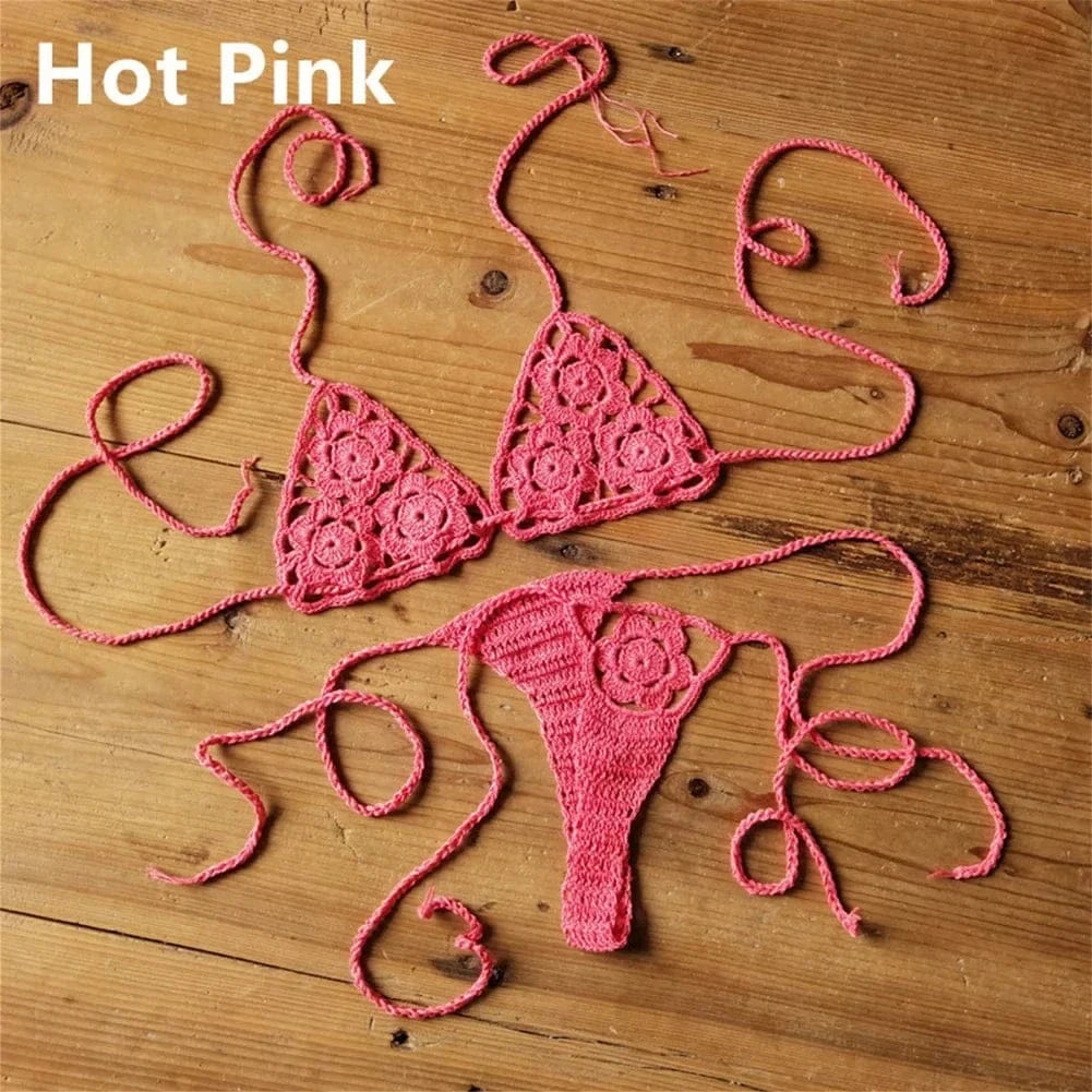 Women Sexy Handmade Bikini Sets Crochet Flower Solid Color Lace Thong String Swimwear Sunbathing Swimsuit Beach Wear Lace-up - A-1 Thread Vault