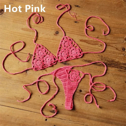 Women Sexy Handmade Bikini Sets Crochet Flower Solid Color Lace Thong String Swimwear Sunbathing Swimsuit Beach Wear Lace-up - A-1 Thread Vault