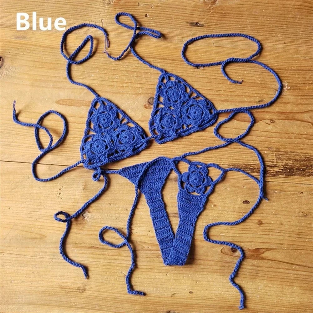 Women Sexy Handmade Bikini Sets Crochet Flower Solid Color Lace Thong String Swimwear Sunbathing Swimsuit Beach Wear Lace-up - A-1 Thread Vault