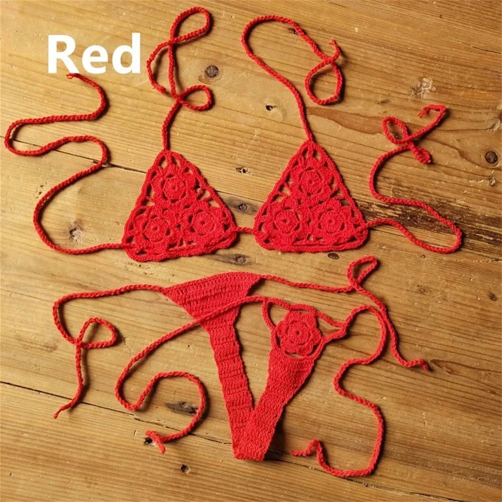 Women Sexy Handmade Bikini Sets Crochet Flower Solid Color Lace Thong String Swimwear Sunbathing Swimsuit Beach Wear Lace-up - A-1 Thread Vault