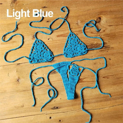 Women Sexy Handmade Bikini Sets Crochet Flower Solid Color Lace Thong String Swimwear Sunbathing Swimsuit Beach Wear Lace-up - A-1 Thread Vault