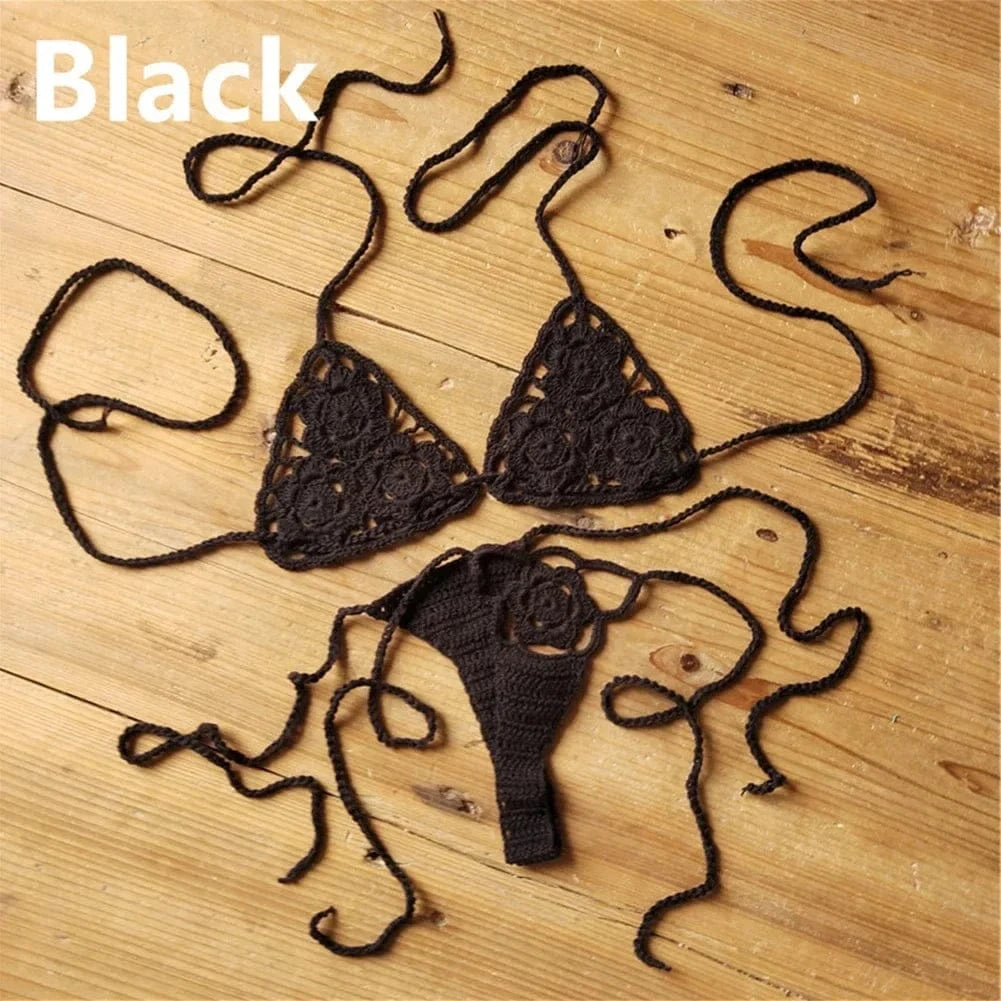 Women Sexy Handmade Bikini Sets Crochet Flower Solid Color Lace Thong String Swimwear Sunbathing Swimsuit Beach Wear Lace-up - A-1 Thread Vault