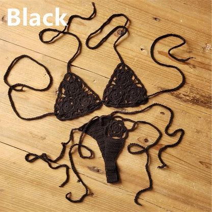 Women Sexy Handmade Bikini Sets Crochet Flower Solid Color Lace Thong String Swimwear Sunbathing Swimsuit Beach Wear Lace-up - A-1 Thread Vault