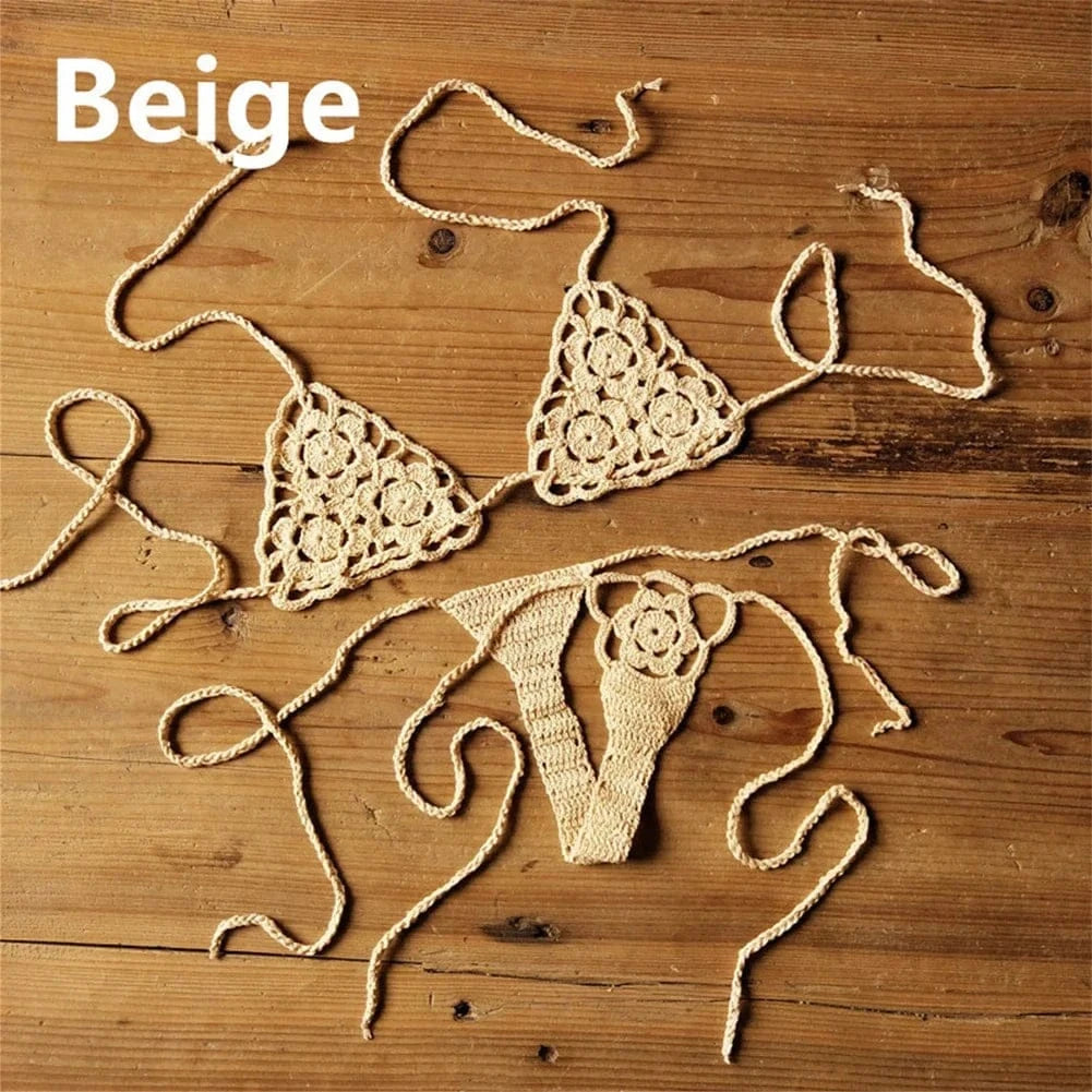 Women Sexy Handmade Bikini Sets Crochet Flower Solid Color Lace Thong String Swimwear Sunbathing Swimsuit Beach Wear Lace-up - A-1 Thread Vault