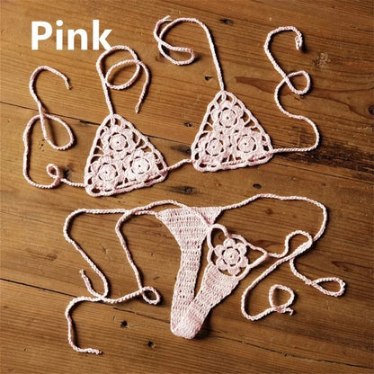 Women Sexy Handmade Bikini Sets Crochet Flower Solid Color Lace Thong String Swimwear Sunbathing Swimsuit Beach Wear Lace-up - A-1 Thread Vault