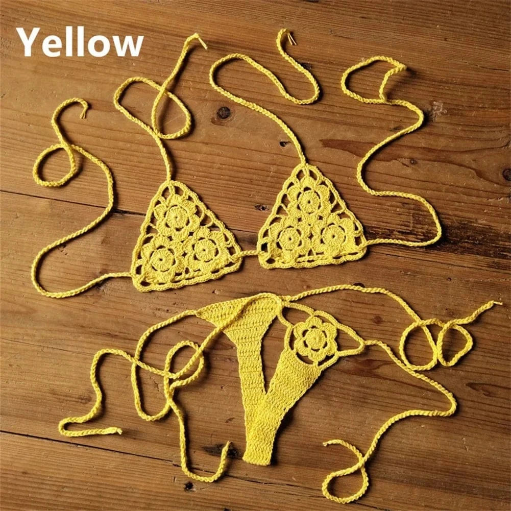 Women Sexy Handmade Bikini Sets Crochet Flower Solid Color Lace Thong String Swimwear Sunbathing Swimsuit Beach Wear Lace-up - A-1 Thread Vault