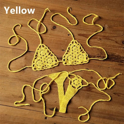 Women Sexy Handmade Bikini Sets Crochet Flower Solid Color Lace Thong String Swimwear Sunbathing Swimsuit Beach Wear Lace-up - A-1 Thread Vault