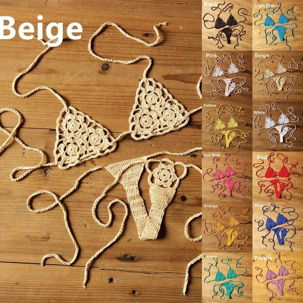 Women Sexy Handmade Bikini Sets Crochet Flower Solid Color Lace Thong String Swimwear Sunbathing Swimsuit Beach Wear Lace-up - A-1 Thread Vault
