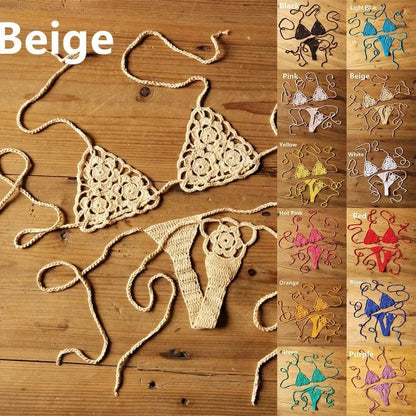 Women Sexy Handmade Bikini Sets Crochet Flower Solid Color Lace Thong String Swimwear Sunbathing Swimsuit Beach Wear Lace-up - A-1 Thread Vault