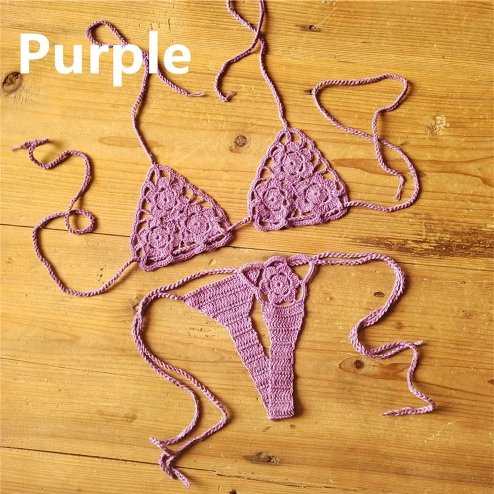 Women Sexy Handmade Bikini Sets Crochet Flower Solid Color Lace Thong String Swimwear Sunbathing Swimsuit Beach Wear Lace-up - A-1 Thread Vault