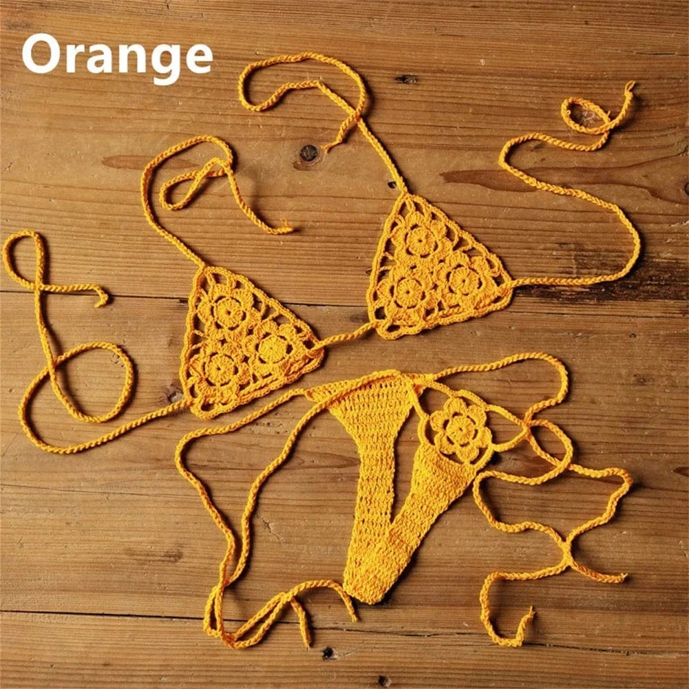 Women Sexy Handmade Bikini Sets Crochet Flower Solid Color Lace Thong String Swimwear Sunbathing Swimsuit Beach Wear Lace-up - A-1 Thread Vault