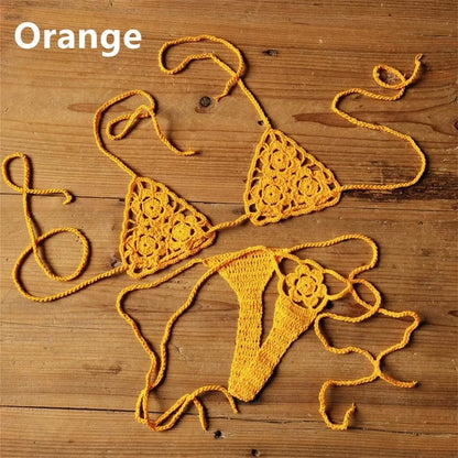 Women Sexy Handmade Bikini Sets Crochet Flower Solid Color Lace Thong String Swimwear Sunbathing Swimsuit Beach Wear Lace-up - A-1 Thread Vault