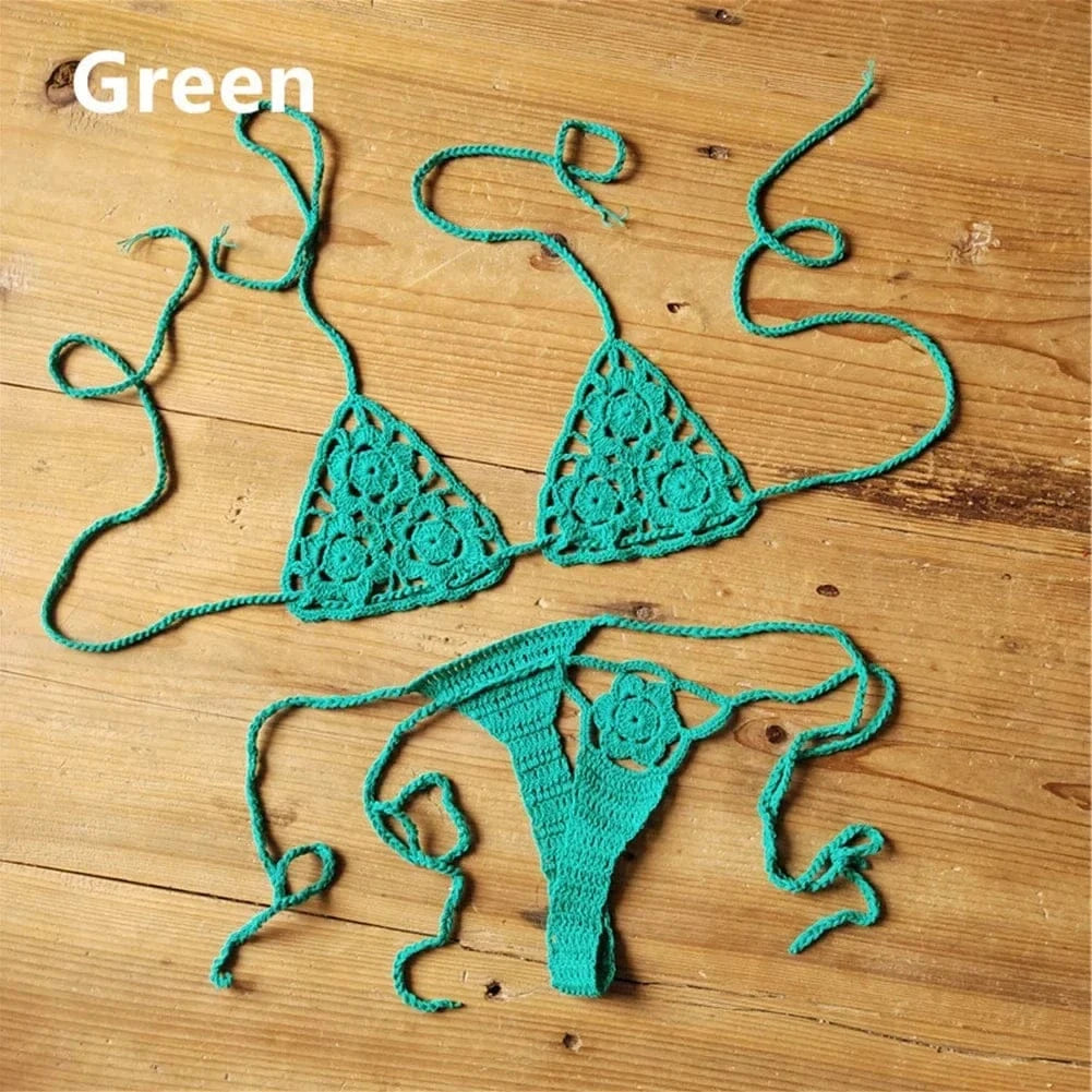 Women Sexy Handmade Bikini Sets Crochet Flower Solid Color Lace Thong String Swimwear Sunbathing Swimsuit Beach Wear Lace-up - A-1 Thread Vault