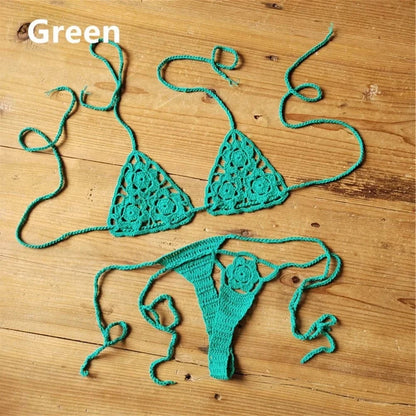 Women Sexy Handmade Bikini Sets Crochet Flower Solid Color Lace Thong String Swimwear Sunbathing Swimsuit Beach Wear Lace-up - A-1 Thread Vault