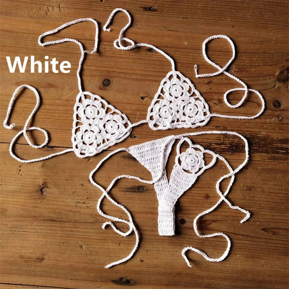 Women Sexy Handmade Bikini Sets Crochet Flower Solid Color Lace Thong String Swimwear Sunbathing Swimsuit Beach Wear Lace-up - A-1 Thread Vault