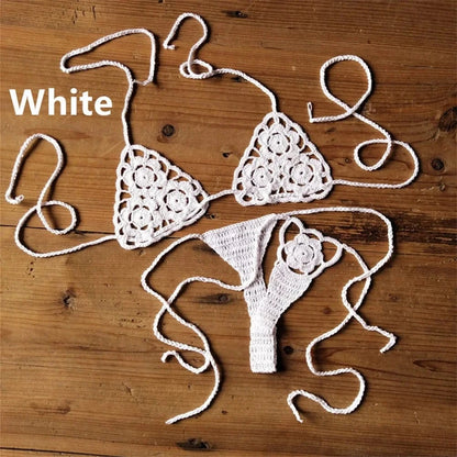 Women Sexy Handmade Bikini Sets Crochet Flower Solid Color Lace Thong String Swimwear Sunbathing Swimsuit Beach Wear Lace-up - A-1 Thread Vault