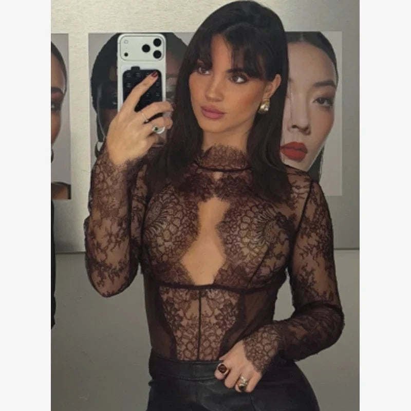 Women Sexy Lace Reflective One-piece Suit Chic Hollow-out Long Sleeve See Through Set 2026 Fashion Lady Street Party Club Outfit - A-1 Thread Vault