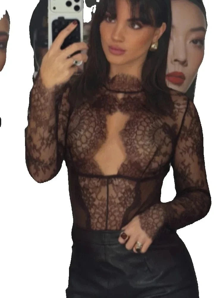 Women Sexy Lace Reflective One-piece Suit Chic Hollow-out Long Sleeve See Through Set 2026 Fashion Lady Street Party Club Outfit - A-1 Thread Vault