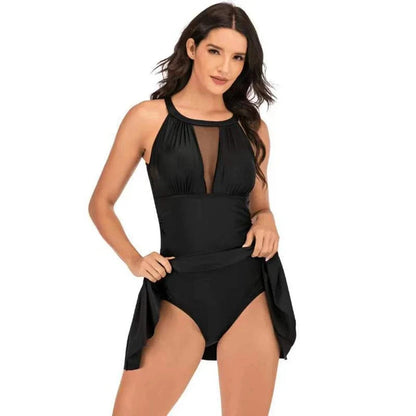 Women Swimdress With Shorts Sexy Hollow Out Mesh Swimwear 1 Piece Slim Black/Red/Dark Blue Solid Swimsuit Light luxury Beachwear - A-1 Thread Vault