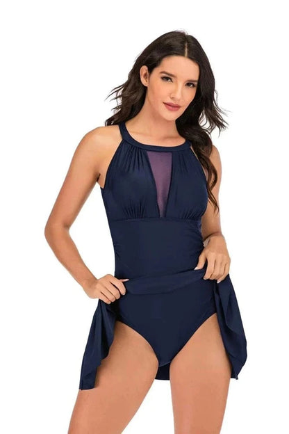 Women Swimdress With Shorts Sexy Hollow Out Mesh Swimwear 1 Piece Slim Black/Red/Dark Blue Solid Swimsuit Light luxury Beachwear - A-1 Thread Vault