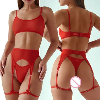Women Transparent Bra Set Hot Erotic Sexy Costumes Solid Color Underwear Seamless Bra Thong Garters Sexy Lingerie Sets - A-1 Thread Vault