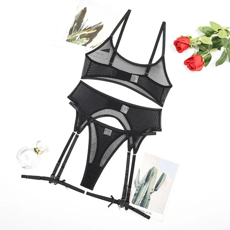 Women Transparent Bra Set Hot Erotic Sexy Costumes Solid Color Underwear Seamless Bra Thong Garters Sexy Lingerie Sets - A-1 Thread Vault